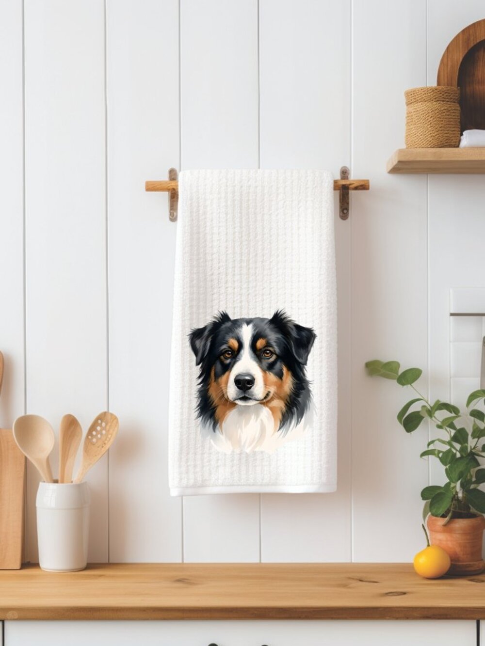 Tri Color Australian Shepherd Dog Waffle Weave Decorative Kitchen Tea Towel